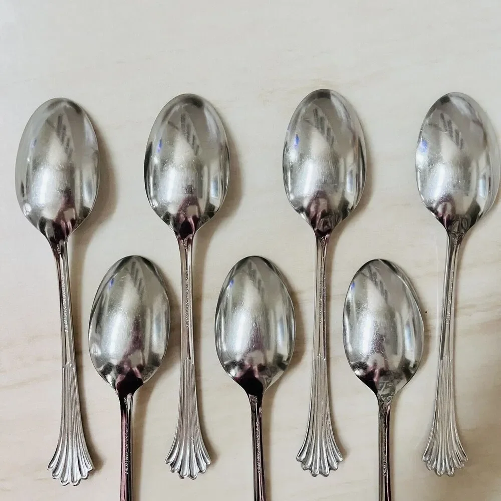 7pc INTERNATIONAL Tiara Soup Spoon Stainless 18/8Fan Ribbed/Ridges Glossy Korea